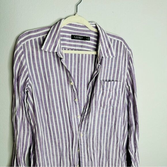 EUC Lauren Ralph Lauren Striped Purple Popover Linen Top Large - Picture 3 of 6